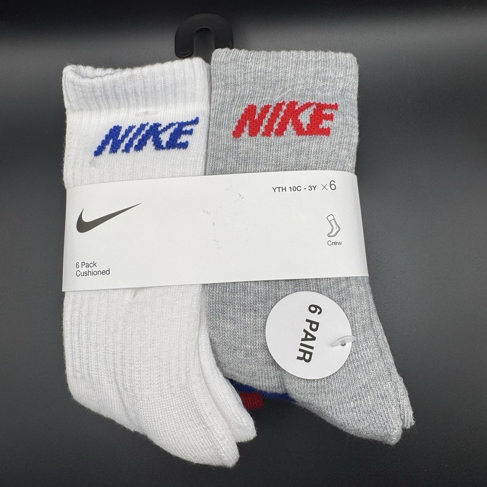 6 Pairs‎ Multi NIKE Youth Cushioned Crew Socks Size 5-7 Fits US Shoe Size 10C-3Y